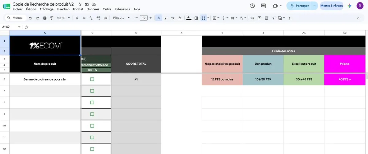 Feuille de scoring produit de l'Incubateur 1% ECOM : grille de notation pour évaluer un produit e-commerce, avec un guide des notes allant de « ne pas choisir » à « pépite ».